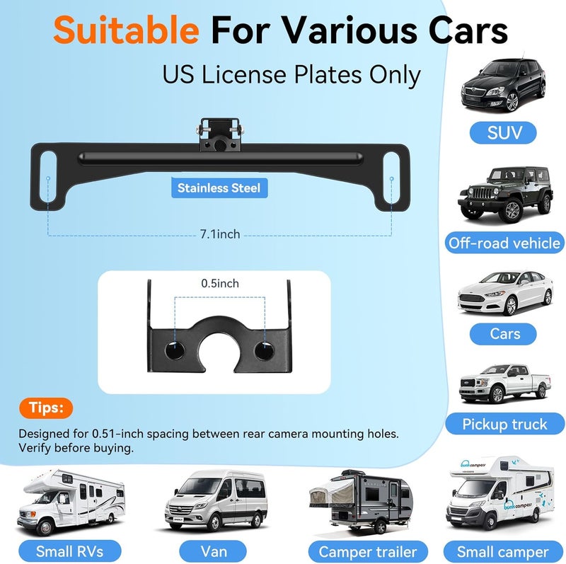 Fnysmkv Universal Rear View Camera License Plate Bracket, Upgraded Anti-Rust Paint Full Stainless Steel Backup Camera License Plate Mount , No-Drill & Adjustable for Easy Installation - Image 3